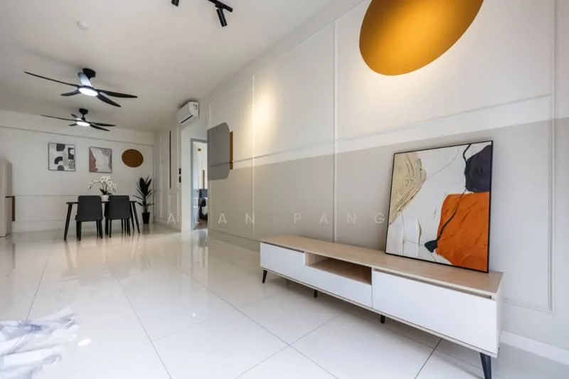 Living features: white painted walls, grey accent wall, polished ceramic tile flooring, 5-blade ceiling fan with light, 2-seater wooden TV console, framed artwork, dining area with table and chairs, recessed ceiling lights; style: modern.