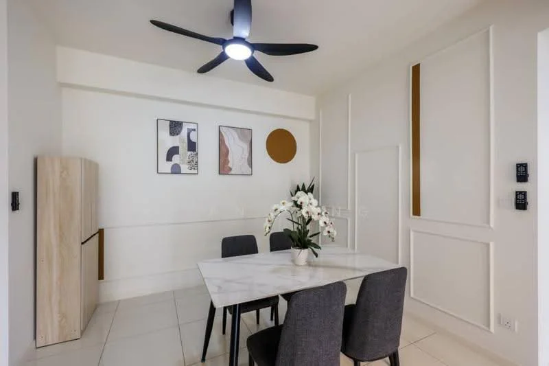 Dining features: marble dining table, 4 upholstered dining chairs in grey, 5-blade ceiling fan with integrated LED light, white painted walls, decorative wall panels, framed artwork on walls, floor-to-ceiling refrigerator, plant in ceramic pot; style: modern.