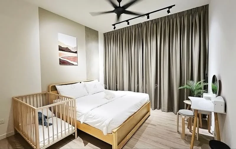 Bedroom features: king-size bed with white bedding, wooden bed frame, wooden crib, 2 bedside tables, framed artwork on wall, floor-to-ceiling curtains in grey, wooden flooring, ceiling fan with integrated light, wall-mounted mirror, decorative plant in pot, track lighting; style: modern.