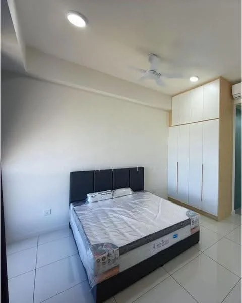 Bedroom features: queen-size bed, upholstered headboard, white painted walls, glossy white tile flooring, ceiling fan, built-in wardrobe with sliding doors, window with sheer curtains, air conditioning unit; style: modern.