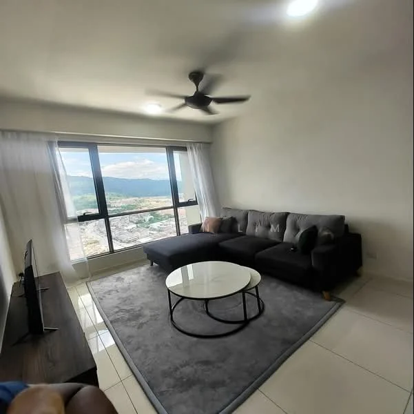 Living features: 3-seater fabric sofa in grey, round coffee table with black metal frame, area rug in light grey, floor-to-ceiling windows, sheer curtains, wall-mounted TV, ceiling fan with light, light-coloured walls, tile flooring, mountain view; style: modern; view: mountain.