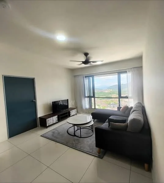 Living features: grey fabric sofa, 3-seater sofa, coffee table, TV console, wall-mounted TV, area rug, floor-to-ceiling windows, curtains, ceiling fan with light, white painted walls, tile flooring, mountain view; style: modern; view: mountain.