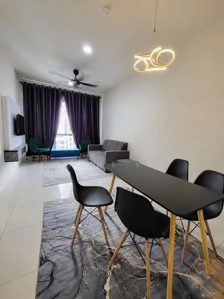 Living features: 3-seater grey fabric sofa, black dining table with wooden legs, 4 black dining chairs, area rug with marble pattern, wall-mounted TV, ceiling fan, large window with sheer curtains, dark purple curtains, recessed ceiling lights, decorative light fixture; style: modern.