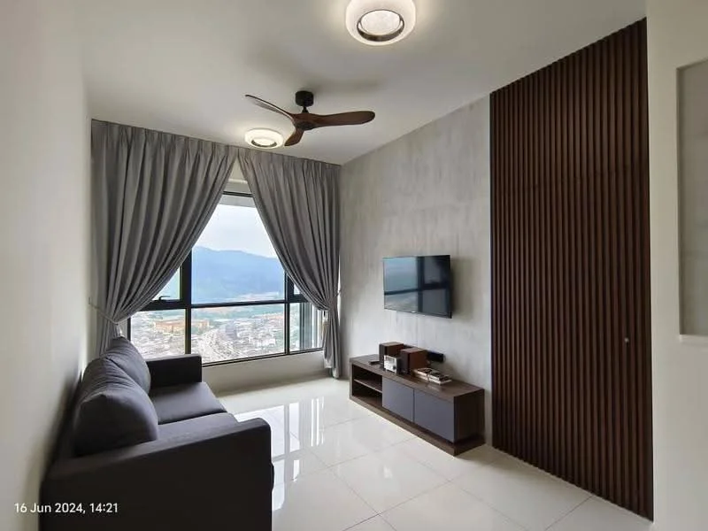 Living features: grey fabric sofa, wall-mounted TV, wooden TV console, recessed ceiling lights, 5-blade ceiling fan, floor-to-ceiling windows, curtains in light grey, glossy white tile flooring, accent wall with wood paneling, mountain view; style: modern; view: mountain.