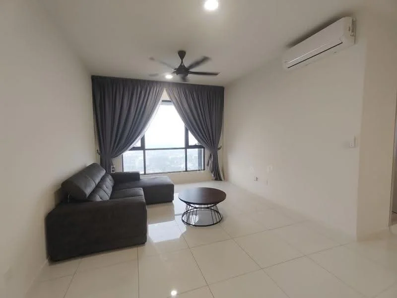 Living features: 3-seater fabric sofa in grey, round coffee table, floor-to-ceiling windows, grey curtains, white painted walls, polished ceramic tile flooring, ceiling fan, wall-mounted split AC; style: modern; view: city.