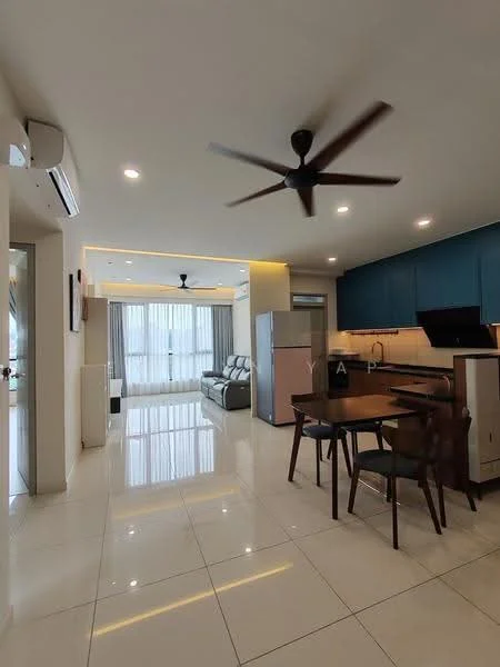 Living features: 5-blade ceiling fan with light, floor-to-ceiling windows, grey leather sofa, dining table with four wooden chairs, white walls, recessed lighting, polished ceramic tile flooring, kitchen island, stainless-steel fridge, kitchen cabinetry in dark blue, open-plan layout; style: modern; view: city.