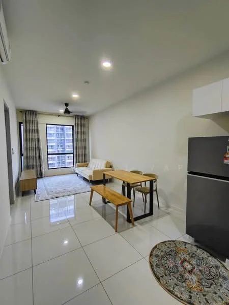 Living features: white painted walls, glossy tile flooring, 5-blade ceiling fan with light, sofa in cream fabric, wooden coffee table, wooden dining table, 4 dining chairs, area rug with geometric pattern, floor-to-ceiling windows, curtains with checkered pattern, refrigerator in stainless steel, kitchen cabinetry in white; style: modern; view: city.