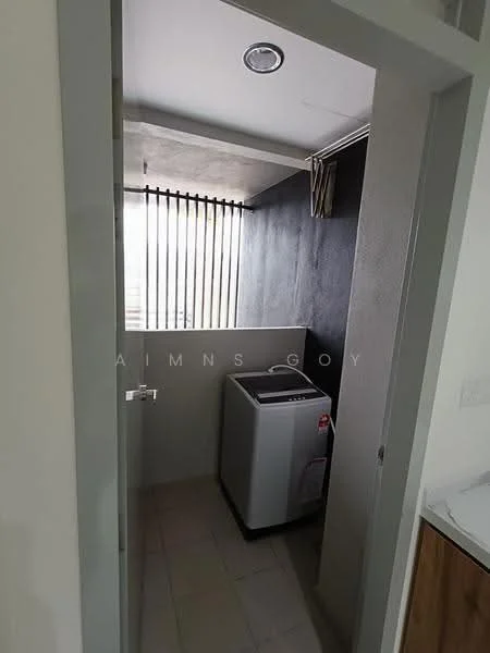 Laundry features: top-load washing machine, grey accent wall, white tiled flooring, window with horizontal blinds, ceiling light, door with handle, corner space, plumbing for washer; style: modern.
