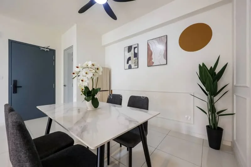 Dining features: white marble dining table, 4 black upholstered dining chairs, white painted walls, decorative wall art, green potted plant, ceiling fan with light, tile flooring, wall-mounted decor; style: modern.