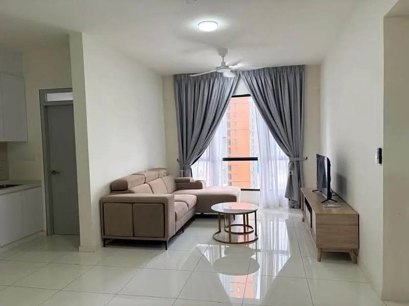 Living features: 3-seater fabric sofa in beige, round coffee table with gold base, wall-mounted TV, TV console in light wood, floor-to-ceiling windows, sheer curtains, recessed ceiling lights, white painted walls, glossy tile flooring, ceiling fan; style: modern; view: city. Kitchen features: white cabinetry, stainless-steel sink, built-in oven, ceramic cooktop, microwave, refrigerator; style: modern.