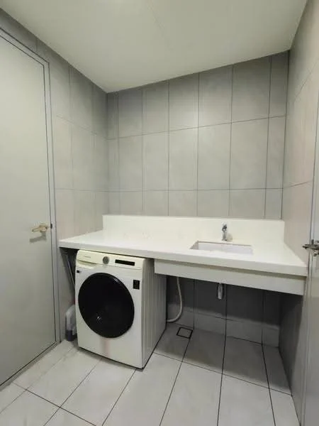 Laundry features: white countertop, single-bowl sink, front-load washing machine, grey tiled walls, white tiled flooring, door to hallway, wall-mounted faucet; style: modern.