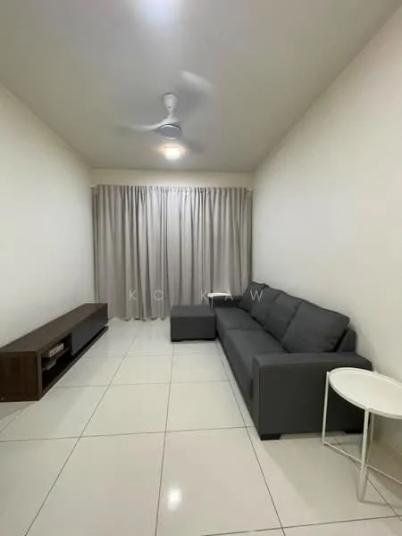 Living features: grey fabric sofa, white side table, wooden TV console, white painted walls, glossy white tile flooring, 5-blade ceiling fan, floor-to-ceiling curtains, recessed ceiling light; style: modern.