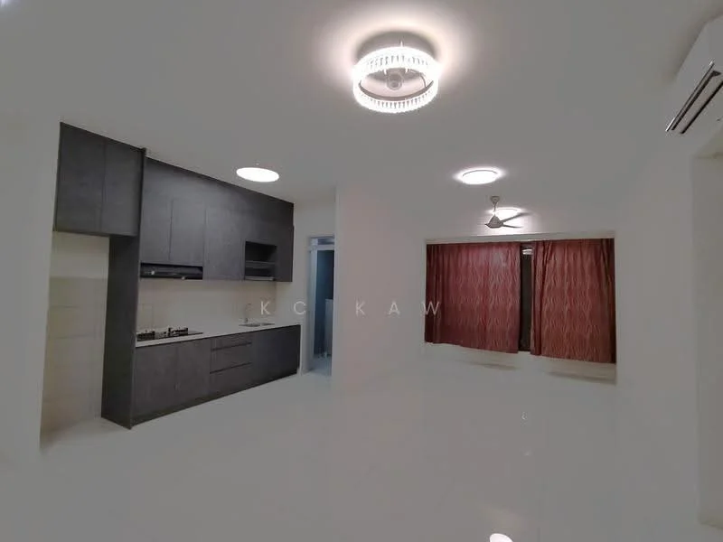 Kitchen features: grey cabinetry, white countertop, built-in gas stove, exhaust hood, ceramic tile backsplash, recessed downlights; style: modern. Living features: white walls, glossy tile flooring, 5-blade ceiling fan with light, large windows with red curtains, recessed ceiling lights, air conditioning unit; style: modern.