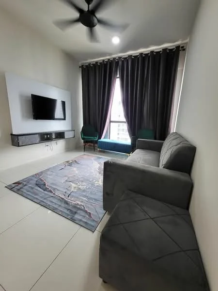 Living features: 3-seater fabric sofa in grey, area rug with abstract pattern, wall-mounted TV, TV console, floor-to-ceiling windows, blackout curtains, ceiling fan with light, light-colored walls, tile flooring; style: modern; view: city.