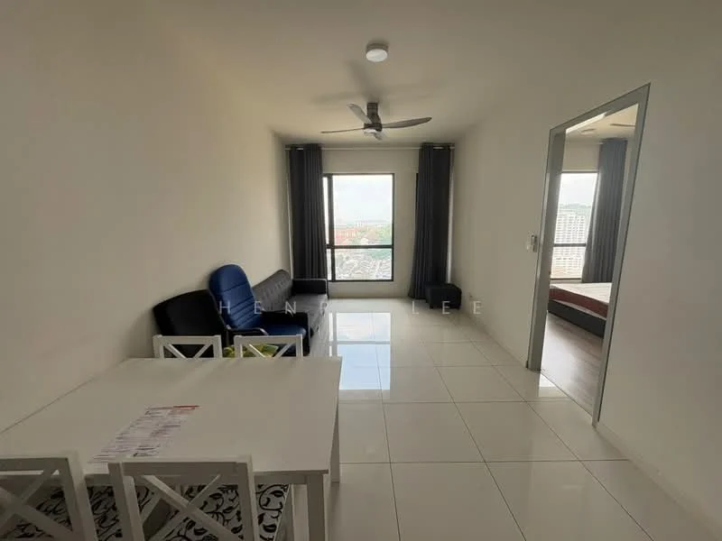 Living features: white painted walls, glossy white tile flooring, 5-blade ceiling fan with light, floor-to-ceiling windows, black leather sofa, blue fabric sofa, white dining table with four chairs, decorative area rug; style: modern; view: city.