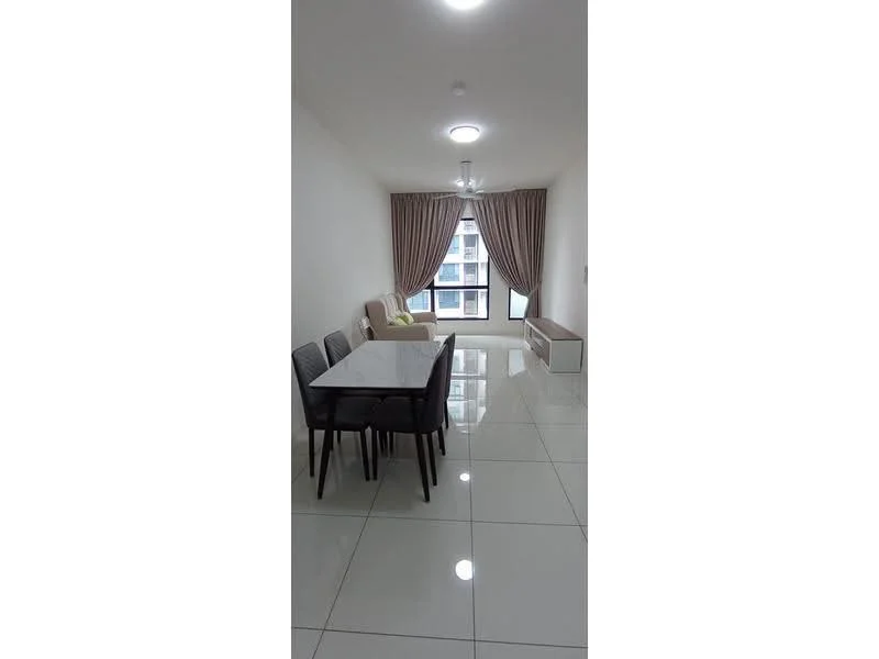 Dining features: white painted walls, glossy ceramic tile flooring, recessed downlights, 6-seater dining table, grey upholstered dining chairs, large window with city view, curtains in beige, sideboard cabinet, green accent chair; style: modern; view: city.
