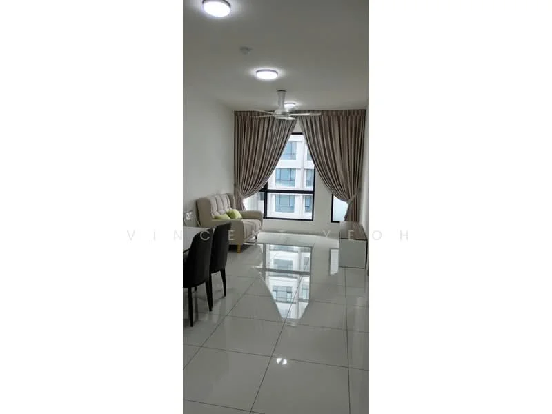 Living features: 3-seater fabric sofa in beige, ceiling fan, floor-to-ceiling windows, sheer curtains, white painted walls, glossy ceramic tile flooring, decorative wall clock, small side table, dining table for 2, green decorative pillow; style: modern; view: city.