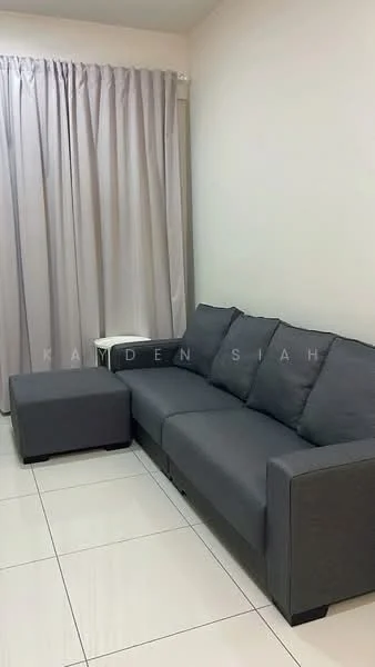 Living features: 3-seater fabric sofa in grey, ottoman in grey, white side table, light grey curtains, white walls, glossy white tile flooring, recessed lighting; style: modern.
