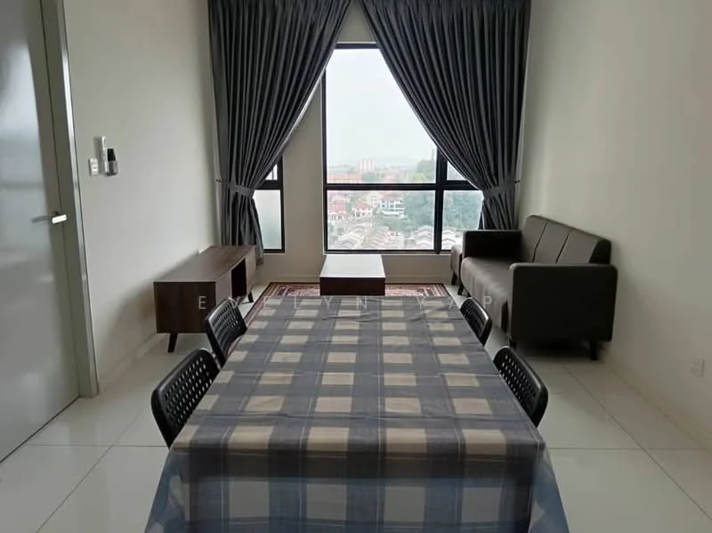 Dining features: 6-seater dining table with checkered tablecloth, black dining chairs, floor-to-ceiling windows, grey curtains, light-coloured walls, white tiled flooring, wooden sideboard, sofa in grey fabric, area rug, decorative wall art; style: modern; view: city.