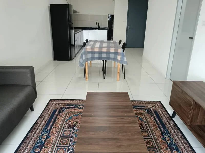 Living features: grey fabric sofa, wood coffee table, area rug with intricate pattern, white tiled flooring, white painted walls, dining table with checkered tablecloth, 4 black dining chairs, kitchen area with black cabinetry, stainless-steel sink, black refrigerator; style: modern.