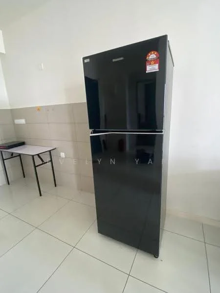 Room features: black fridge.