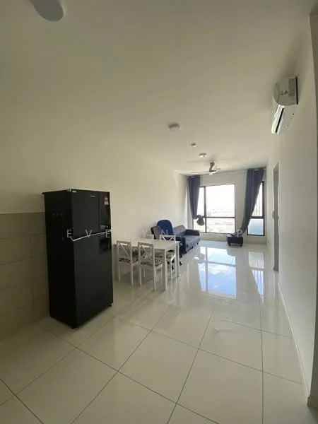 Living features: black fridge, 3-seater fabric sofa in blue, white coffee table, white dining table with chairs, large window with city view, white walls, glossy tile flooring, ceiling fan with light, wall-mounted split AC; style: modern; view: city.