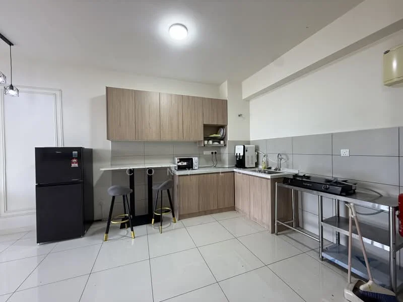 Kitchen features: light grey tiled flooring, white painted walls, wood cabinetry, stainless-steel sink, chrome pull-down faucet, built-in microwave, freestanding range oven, black fridge, countertop with grey backsplash, bar stools, kitchen island, wall-mounted air conditioning unit, recessed ceiling lights; style: modern.