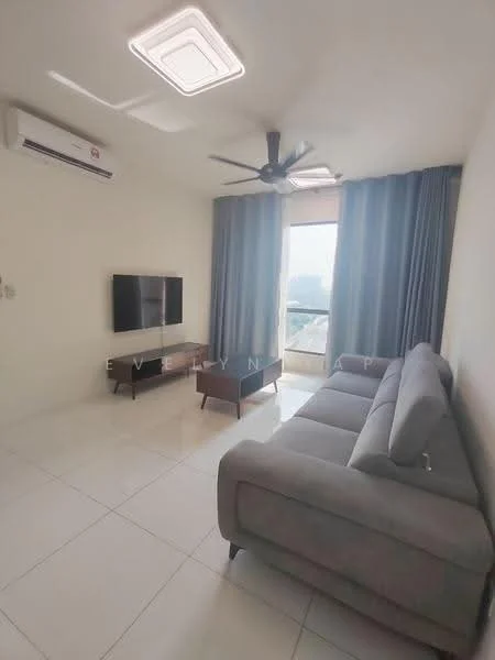 Living features: grey fabric sectional sofa, wall-mounted TV, TV console, white painted walls, white ceiling, recessed ceiling lights, 5-blade ceiling fan, floor-to-ceiling windows with sheer curtains, tile flooring, natural light from window, decorative wall art; style: modern; view: city.