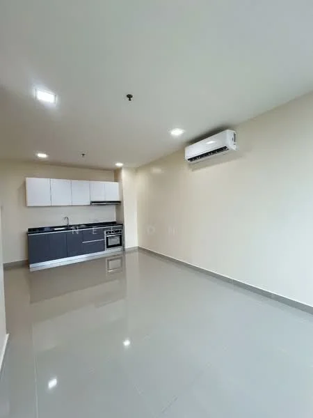 Kitchen features: white upper cabinets, dark grey lower cabinets, stainless-steel built-in oven, stainless-steel gas hob, stainless-steel range hood, single-bowl stainless-steel sink, chrome pull-down faucet, grey ceramic tile flooring, recessed LED downlights, wall-mounted split AC, neutral painted walls; style: modern.
