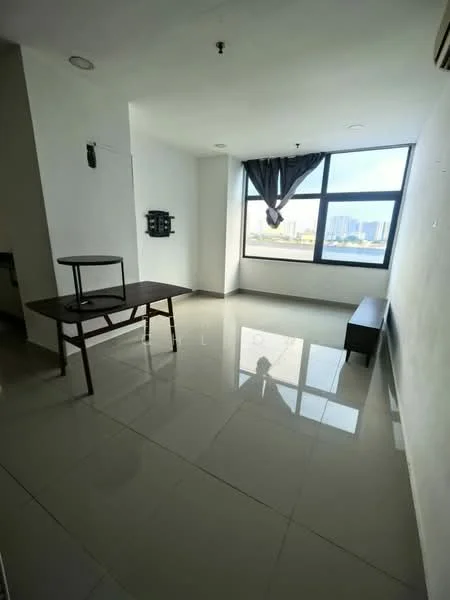 Room features: white painted walls, glossy ceramic tile flooring, large floor-to-ceiling window, blackout curtains, ceiling light fixture, wooden table, wooden bench, air conditioning unit; style: modern; view: city.