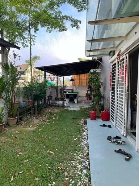 Room features: green lawn, stone-paved walkway, potted plants, outdoor seating area, covered patio, sliding glass door, outdoor lighting, decorative stones; style: modern; view: garden.