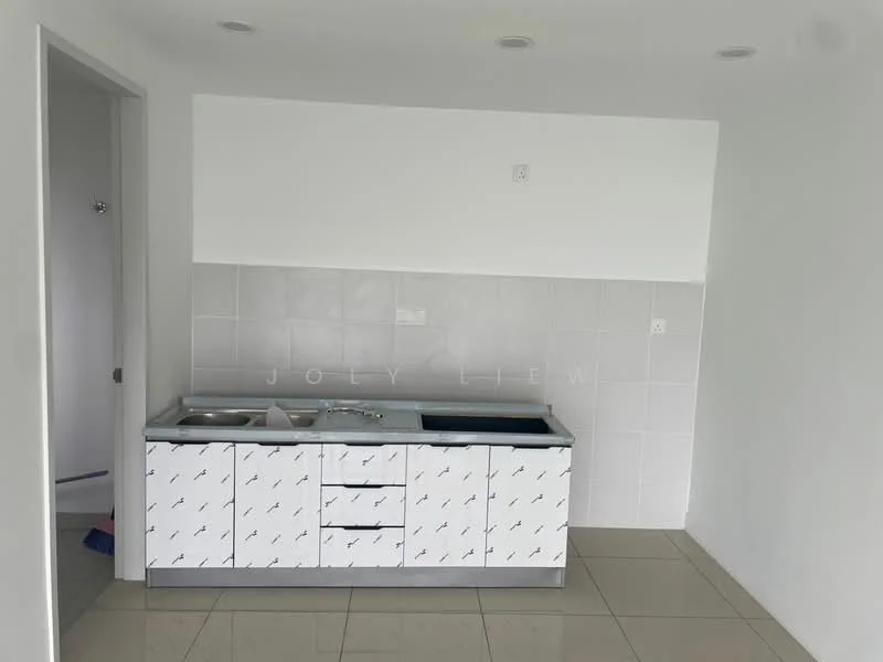 Kitchen features: stainless-steel sink, single-bowl sink, chrome pull-down faucet, white cabinetry with patterned front, ceramic tile backsplash, white tiled walls, polished ceramic tile flooring, countertop with space for appliances; style: modern.
