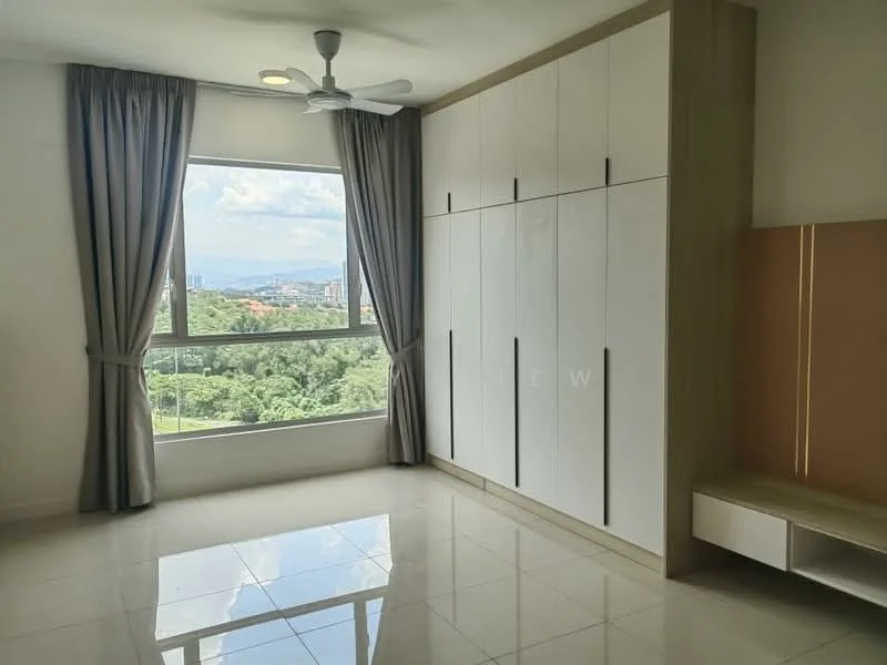 Bedroom features: floor-to-ceiling window, grey curtains, white built-in wardrobe with sliding doors, light wood accent wall, polished tile flooring, ceiling fan with light, view of greenery and city skyline; style: modern; view: city.