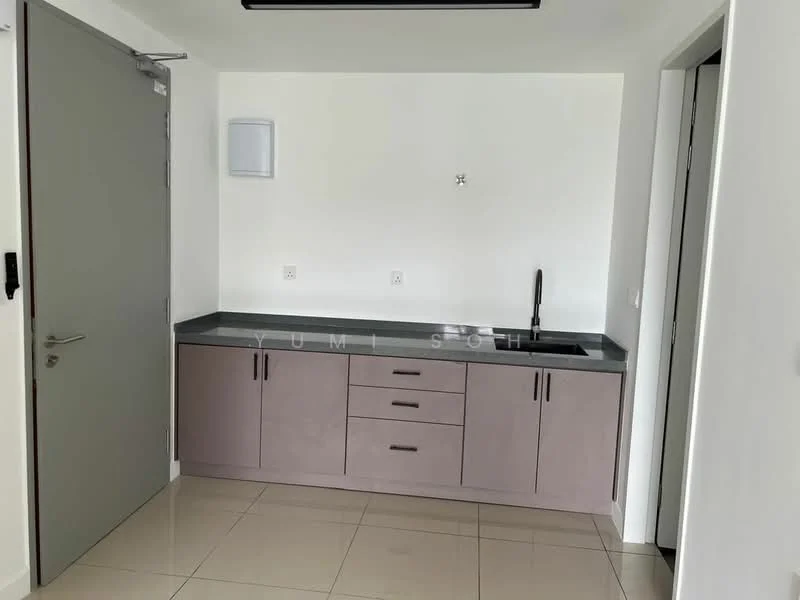 Kitchen features: grey cabinetry, black countertop, single-bowl stainless-steel sink, chrome pull-down faucet, wall-mounted speaker, tile flooring, white painted walls, recessed lighting; style: modern.