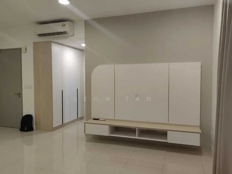 Living features: white painted walls, glossy tile flooring, ceiling-mounted air conditioning unit, built-in white cabinetry, wooden feature wall, wall-mounted TV console, neutral color scheme, large window with natural light; style: modern.