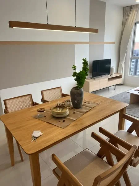 Dining features: wooden dining table, 4 wooden dining chairs, decorative vase with greenery, table runner, TV console, wall-mounted TV, light wood cabinetry, recessed ceiling lights, large window with sheer curtains, neutral wall color, ceramic tile flooring; style: modern; view: city.