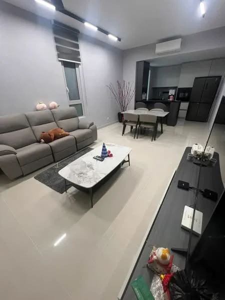 Living features: 3-seater fabric sofa in grey, coffee table with marble top, TV console, wall-mounted TV, area rug, recessed LED downlights, floor-to-ceiling windows, light grey painted walls, cream tiled flooring, decorative plants in ceramic pots, dining table with chairs visible in background, air conditioning unit; style: modern.