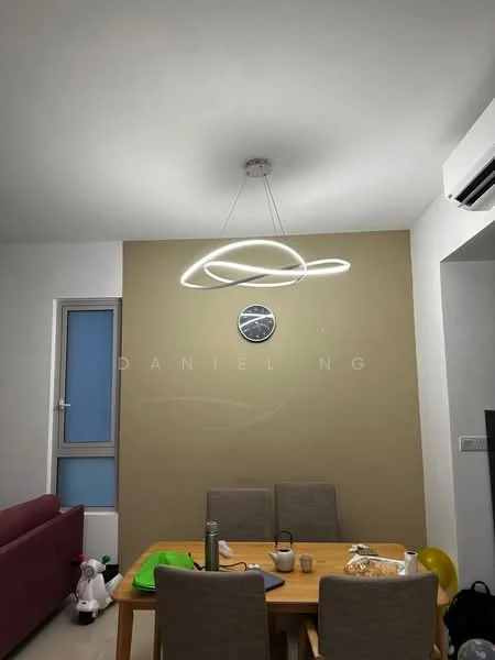 Dining features: wood dining table, 4 dining chairs, modern pendant light fixture, wall clock, cream painted walls, floor-to-ceiling window, air conditioning unit, decorative items on table; style: modern.
