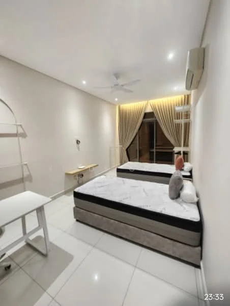 Bedroom features: two single beds with mattresses, upholstered headboards, white bedding, ceiling fan, wall-mounted air conditioning unit, large window with sheer curtains, white tiled flooring, wooden desk, wall-mounted shelf, decorative pillows; style: modern.