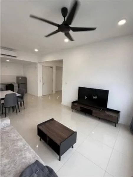 Living features: white painted walls, glossy tile flooring, 5-blade ceiling fan with light, wall-mounted TV, TV console, coffee table, sofa, dining table with chairs, refrigerator, open layout, natural light from windows; style: modern.