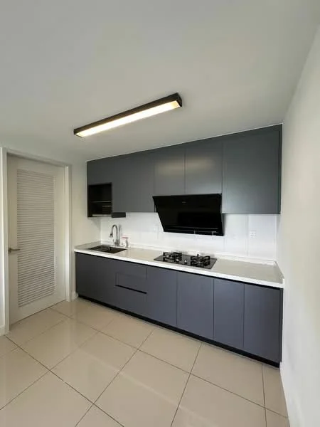 Kitchen features: black cabinetry, white countertop, stainless-steel sink, chrome pull-down faucet, built-in gas hob, exhaust hood, tile backsplash, glossy tile flooring, recessed ceiling lights, wall-mounted cabinets, open shelving, white painted walls; style: modern.