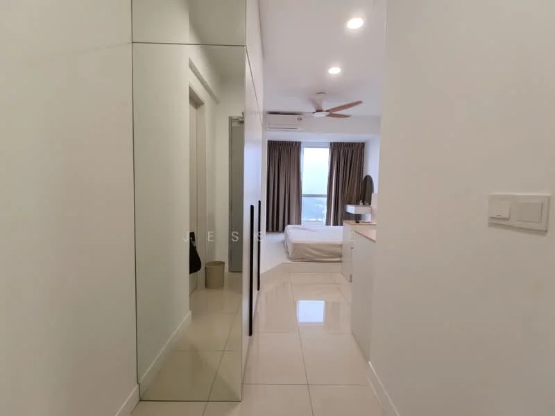 Room features: white painted walls, glossy tile flooring, ceiling fan, recessed downlights, large mirror, window with curtains, neutral color scheme, built-in cabinetry; style: modern; view: city.