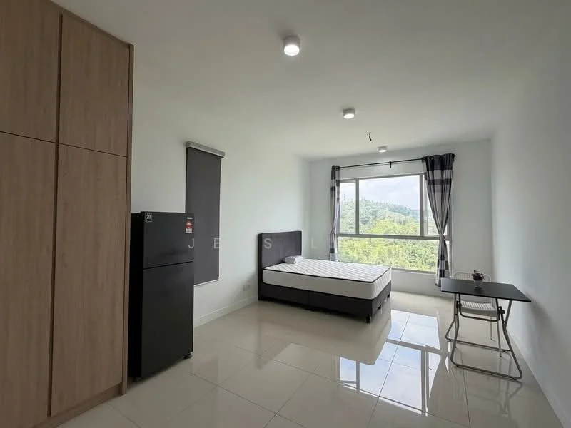 Bedroom features: queen-size bed, black upholstered bed frame, built-in wardrobe with wooden finish, floor-to-ceiling window, curtains, white painted walls, glossy tile flooring, desk with chair, refrigerator; style: modern; view: mountain.
