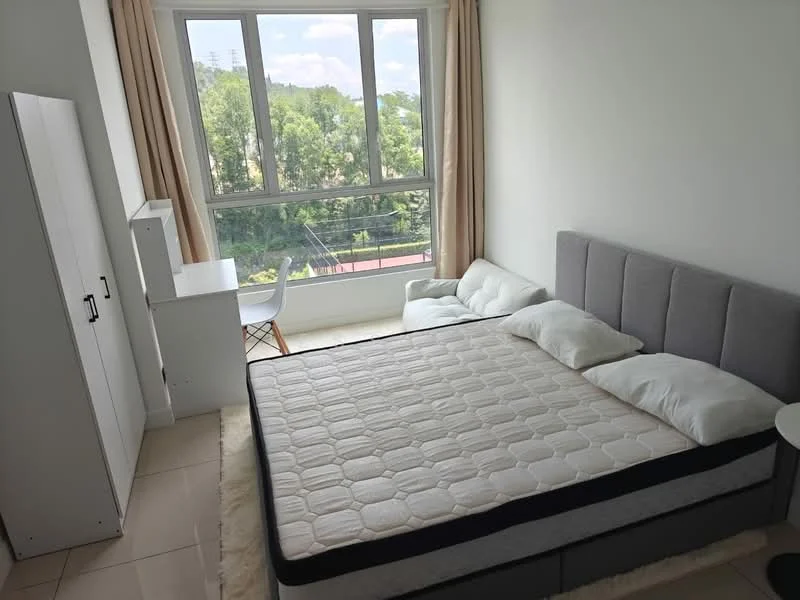 Bedroom features: queen-size bed, upholstered headboard, white bedding, white bedside table, white desk, white chair, floor-to-ceiling window, curtains, tile flooring, light-colored walls, area rug; style: modern; view: garden.