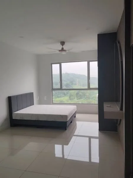 Bedroom features: queen-size bed, upholstered headboard, floor-to-ceiling windows, white painted walls, polished tile flooring, ceiling fan, built-in shelf, mountain view; style: modern; view: mountain.