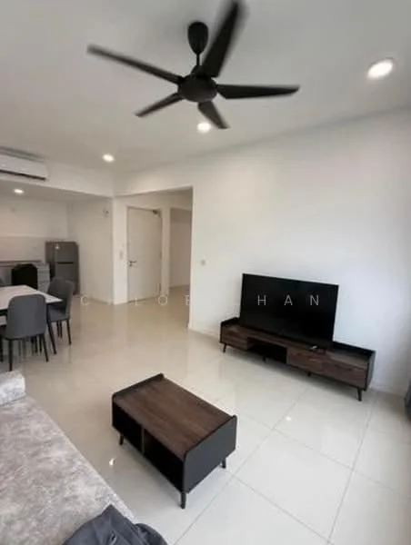 Living features: 5-blade ceiling fan with light, wall-mounted TV, TV console in dark wood, coffee table in dark wood, grey fabric sofa, white painted walls, glossy tile flooring, air conditioning unit on wall; style: modern. Kitchen features: stainless-steel fridge, open layout to living area; style: modern.