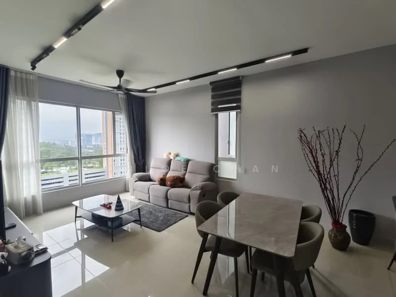 Living features: 3-seater fabric sofa in grey, coffee table, TV console, wall-mounted TV, area rug, floor-to-ceiling windows, curtains, ceiling fan with light, recessed LED downlights, decorative branches in vase, marble tile flooring, grey painted walls; style: modern; view: city.