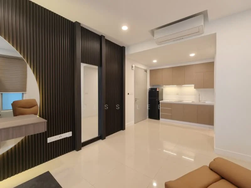 Living features: white painted walls, black accent wall with vertical slats, glossy tile flooring, recessed downlights, wall-mounted air conditioning unit, built-in cabinetry, kitchen area with beige cabinets, stainless-steel fridge, kitchen countertop, mirror, window with blinds; style: modern.