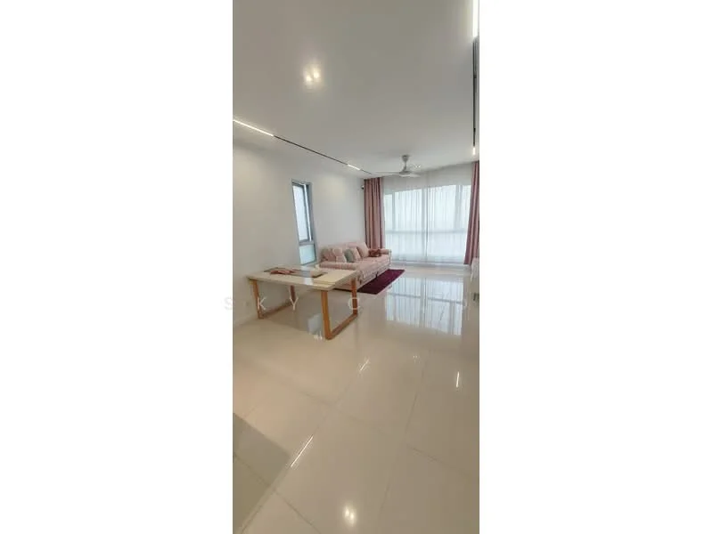 Living features: white painted walls, glossy tile flooring, 5-blade ceiling fan with light, large floor-to-ceiling windows, sheer curtains, sofa in light pink fabric, coffee table with wooden legs, area rug in dark color, recessed LED downlights; style: modern; view: city.