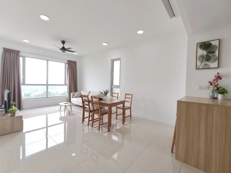 Living features: white painted walls, glossy tile flooring, 5-blade ceiling fan with light, floor-to-ceiling windows, sheer curtains, sofa in beige fabric, wooden dining table, 4 wooden dining chairs, decorative plant on table, wall-mounted artwork, sideboard with decorative vase; style: modern; view: city.